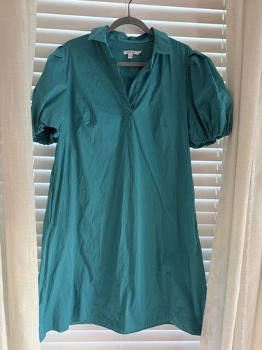 Chico's Teal Solid Collared Shift Dress Puff Sleeve Stretch Size Large Fall